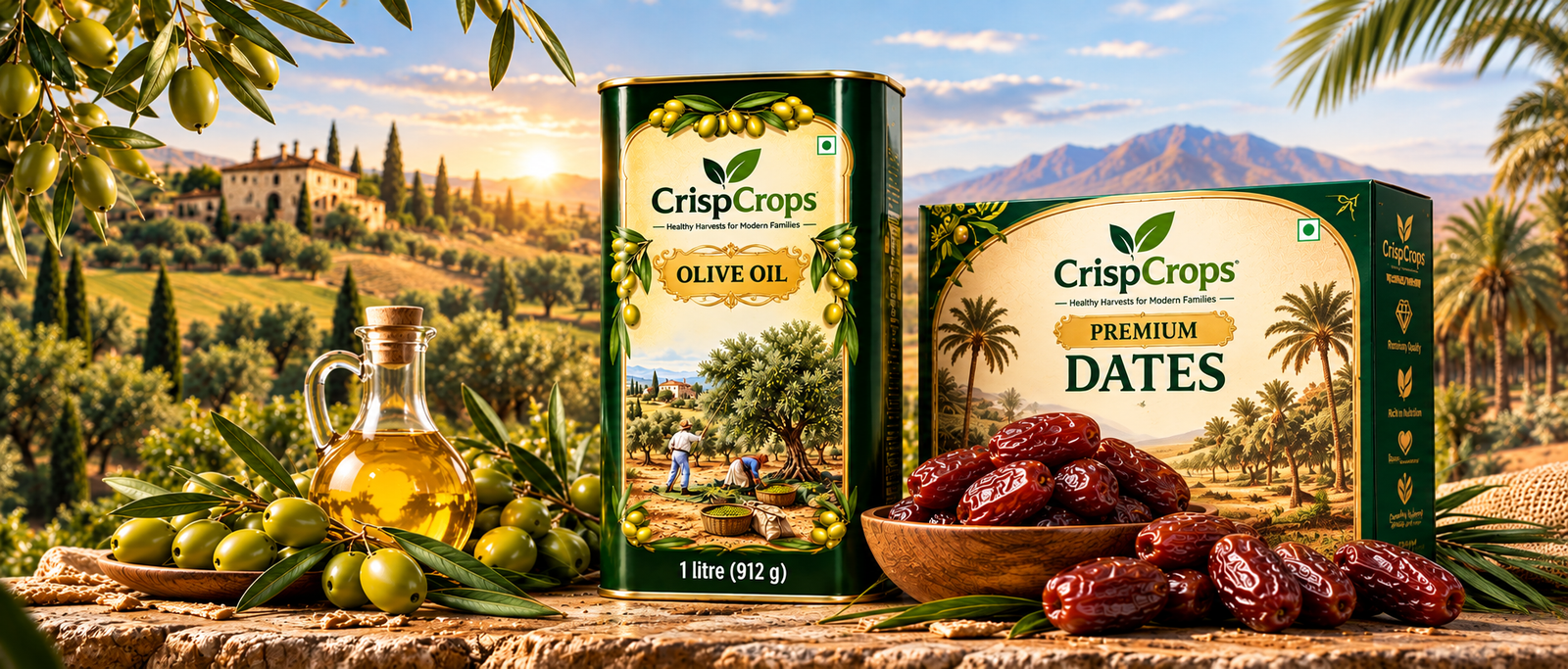 CrispCrops premium olive oil and dates